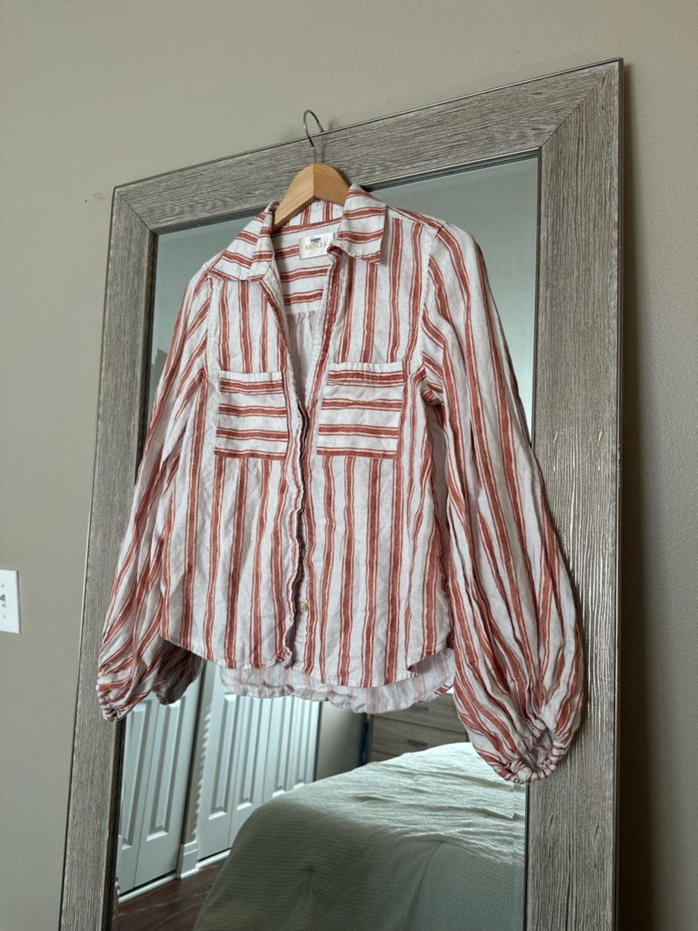 SANCIA x Revolve White And Orange Striped 100% European Flax Blouse Size XS